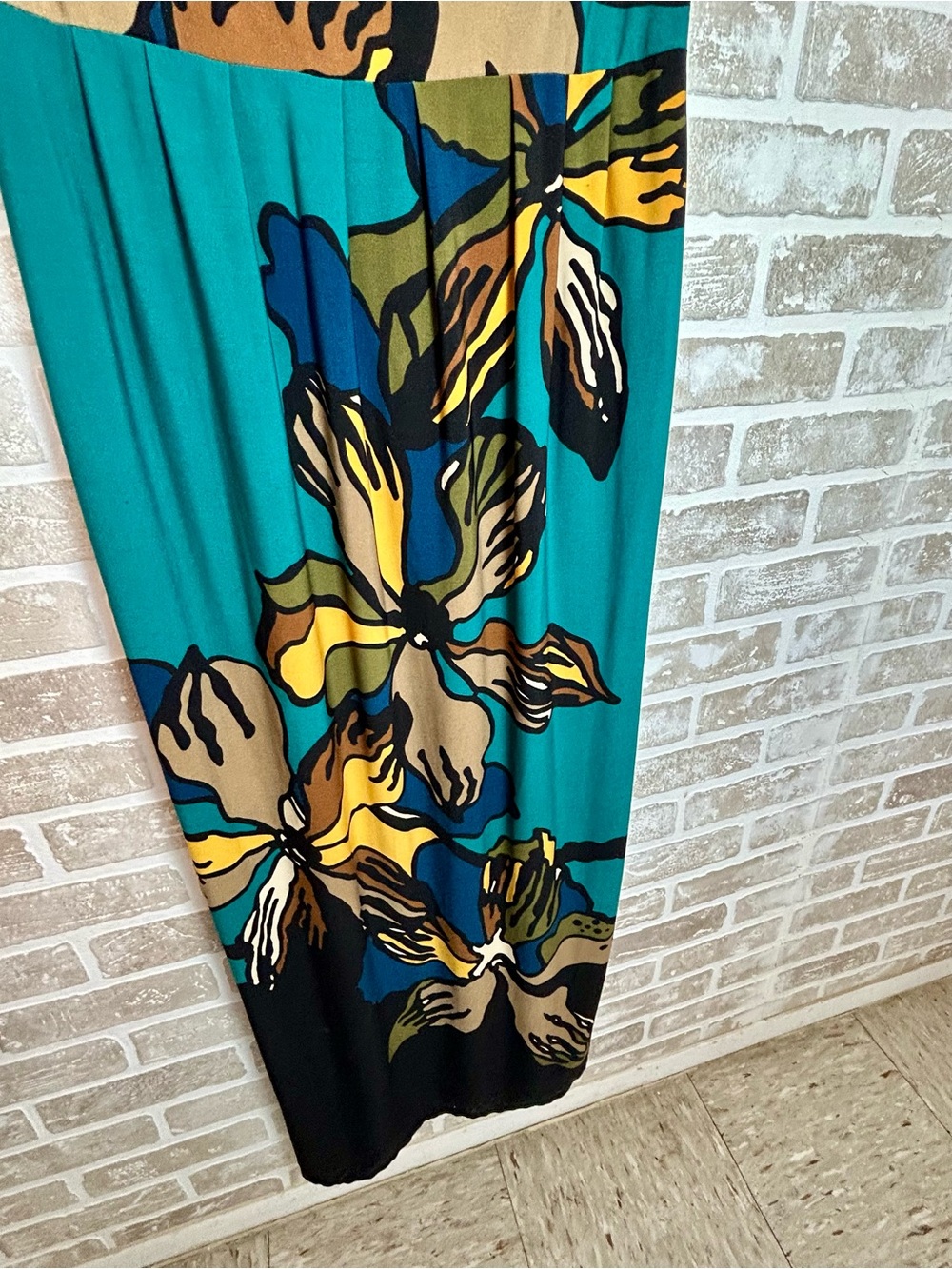Danny & Nicole Teal Floral Maxi Dress with Yellow, Blue & Brown Accents - Picture 7 of 7